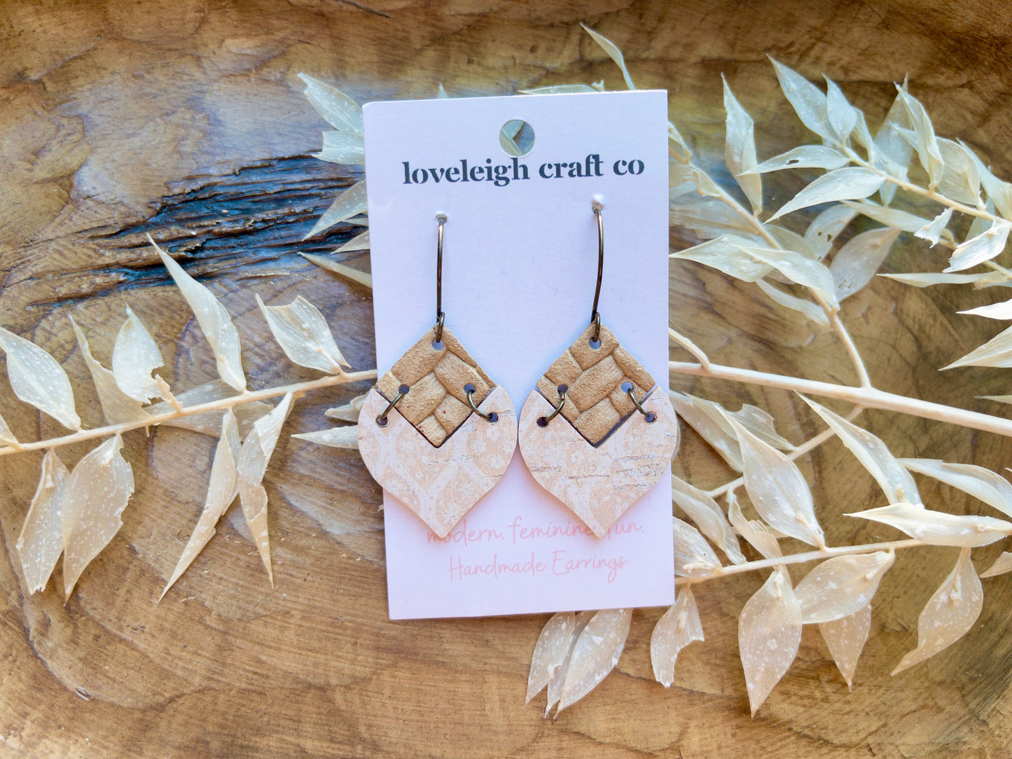 Pieced Pointed Petal Leather and Cork Earrings