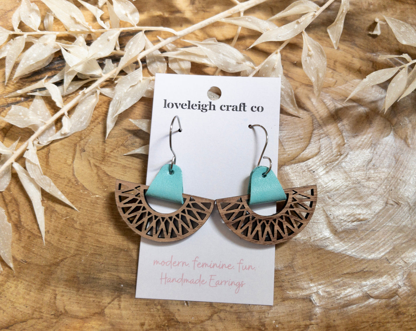 Intricate Half Circle Wood and Leather Earrings