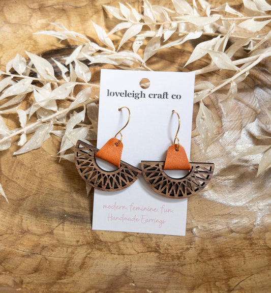 Intricate Half Circle Wood and Leather Earrings