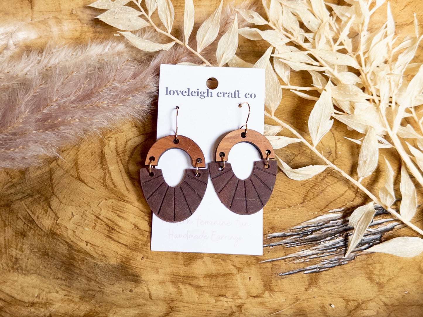 Embossed Arch Wood and Leather Earrings