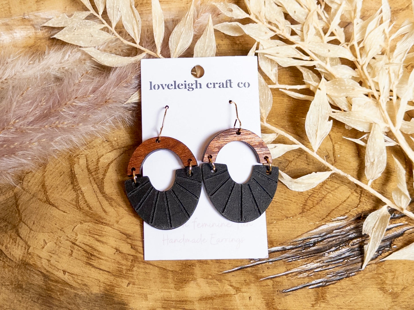 Embossed Arch Wood and Leather Earrings