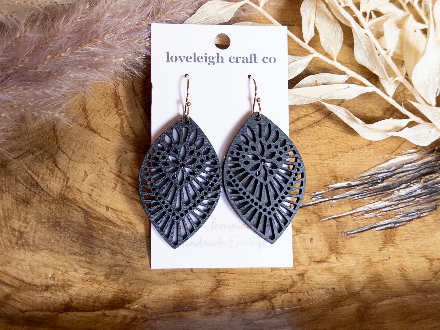 Intricate Black Wooden Petal Earrings